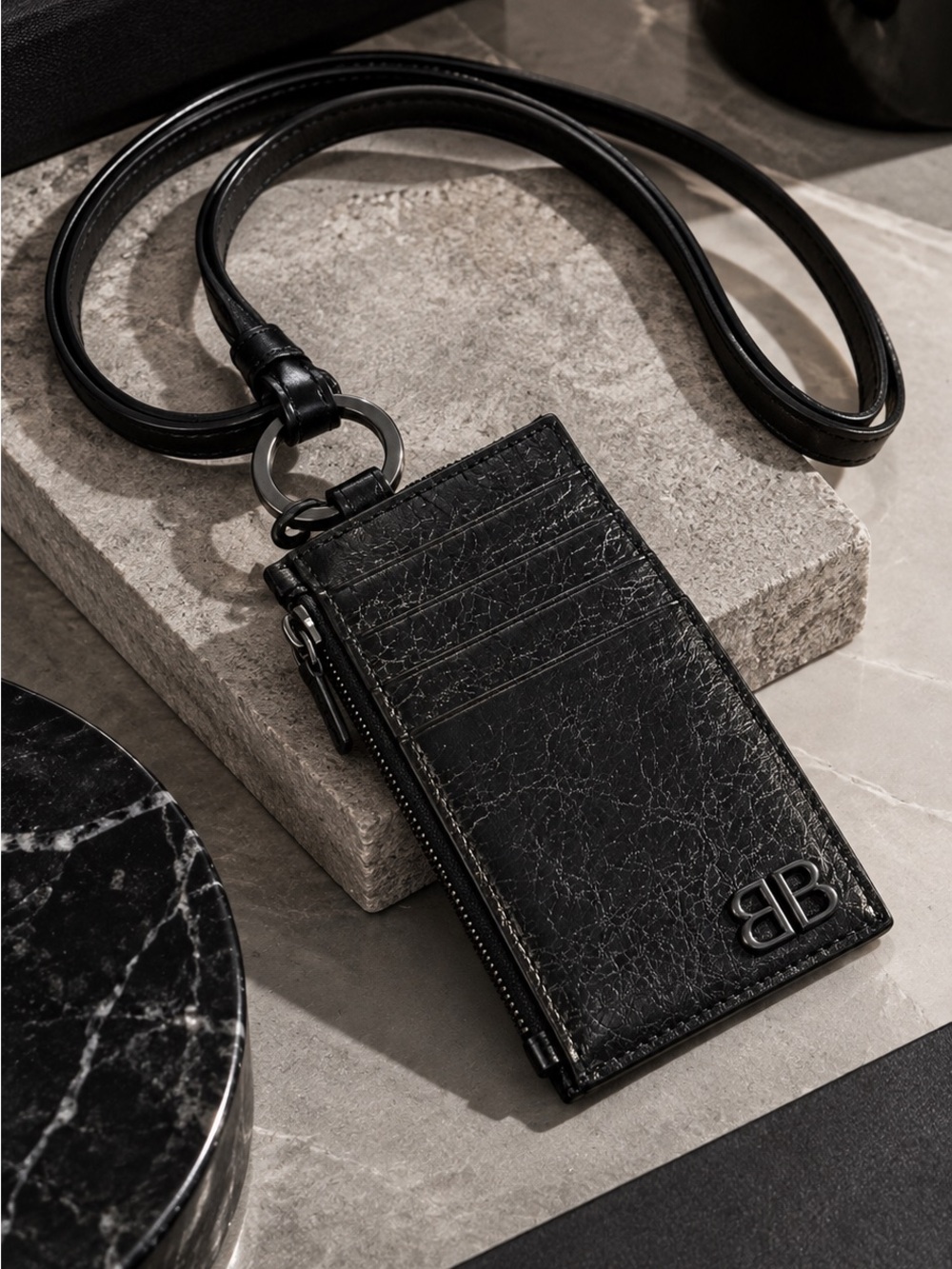 BALENCIAGA Black Textured Leather Card Holder / Pouch Lanyard with BB Logo